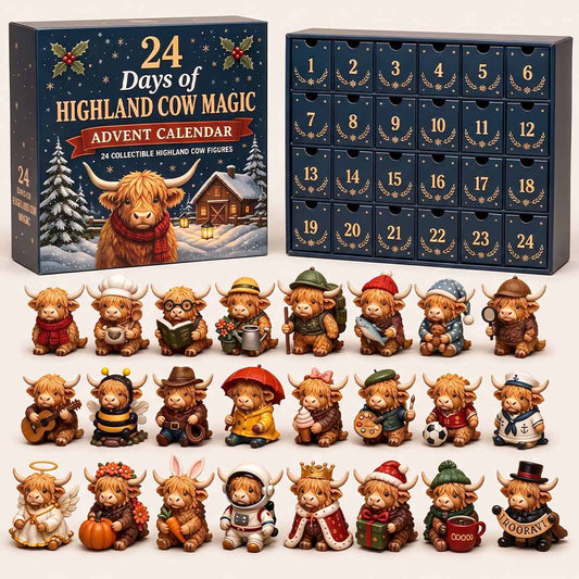 Kalendarz Adwentowy ze Szkockimi Krowami 2026 — 24 Figurki Highland